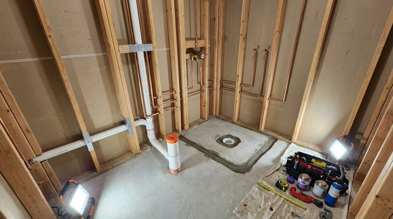 Bathroom rough-in plumbing during remodel by Johns Plumbing LLC in Mauston