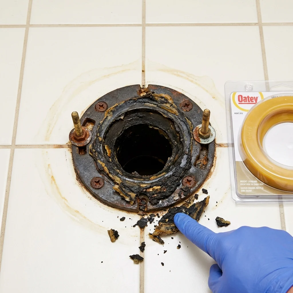 Failed wax ring showing water seepage at the base of a toilet in a Mauston, WI home